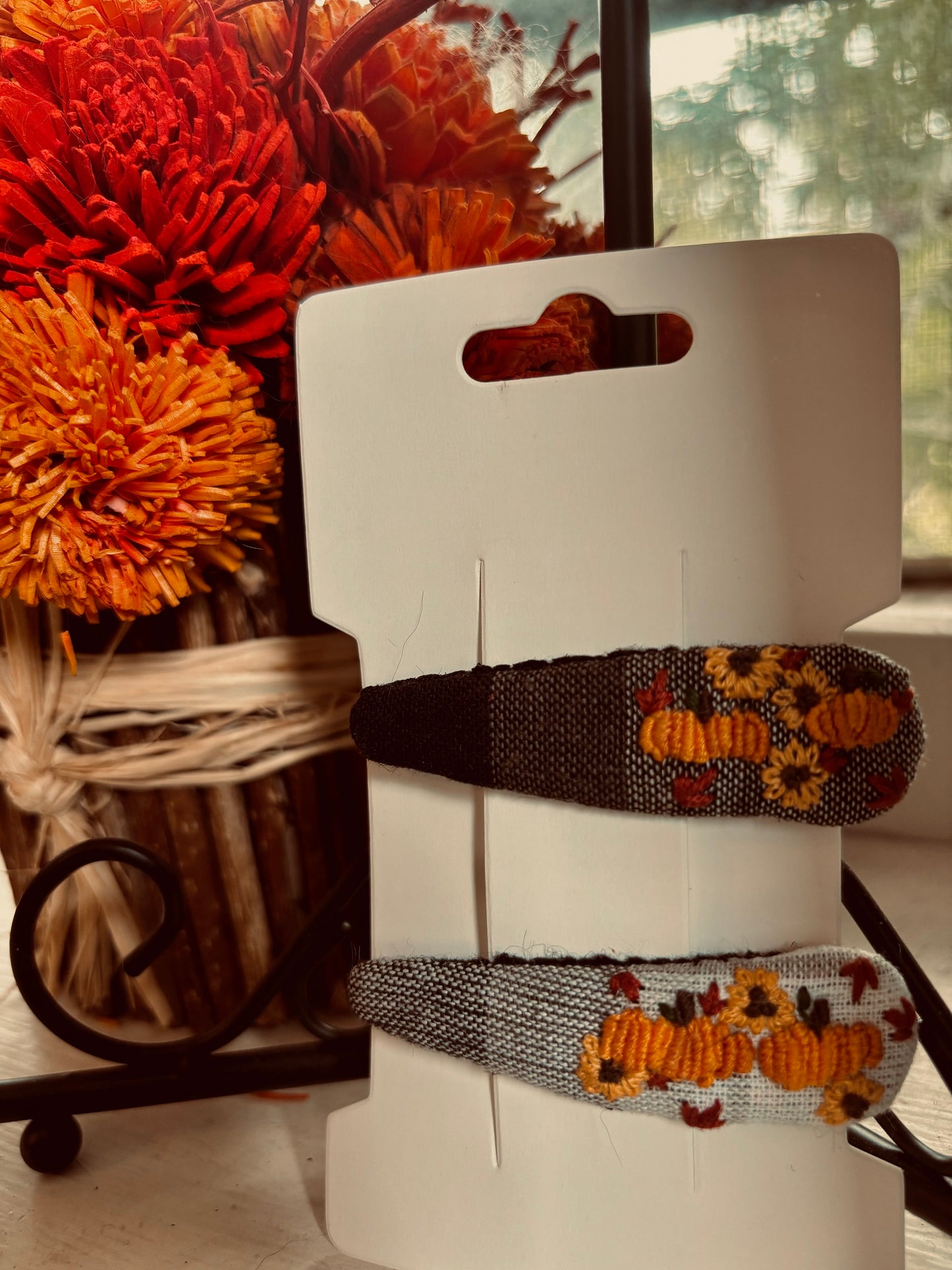 Pumpkin and sunflower embroidered hair clip